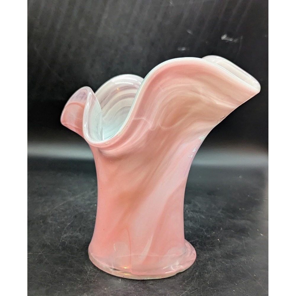 Vintage Hand Blown Art Glass Pink Free Form Ruffeled Vase 7" Stained